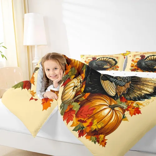 Vista 4 de Erosebridal Juego de edredón individual de pavo de Acción de Gracias, juego de ropa de cama de calabaza con hojas de otoño para niños y adultos