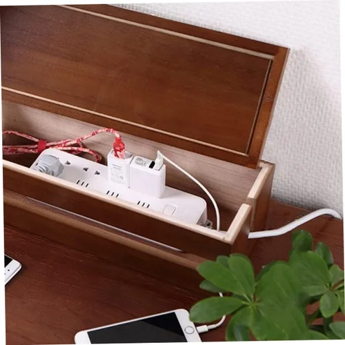 Vista 5 de Lurrose Diseño de cubo de caja de almacenamiento de cables de madera para organizar enchufes y cables Solución grande de gestión de cables marrones