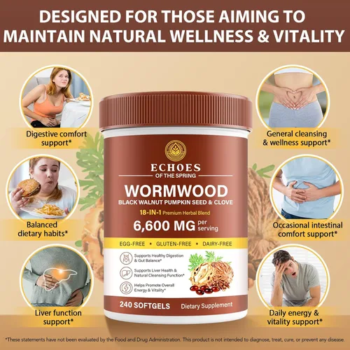 Vista 3 de Limpieza de clavo de nogal negro de ajenjo para humanos – Fórmula de apoyo digestivo y salud intestinal 18 en 1, 6600 mg por porción, 240 cápsulas