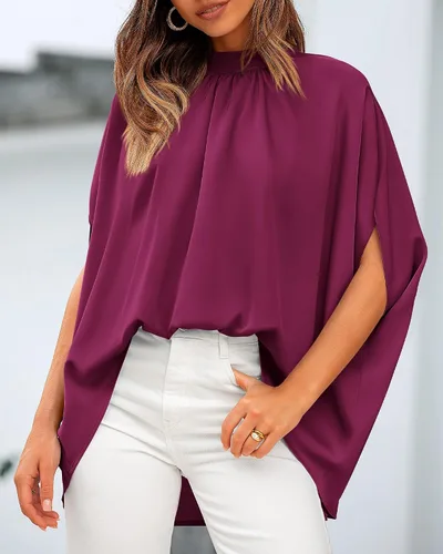 Vista 99 de BTFBM Blusas de verano para mujer, cuello alto falso, manga murciélago, holgadas, dobladillo alto y bajo, blusas informales de gran