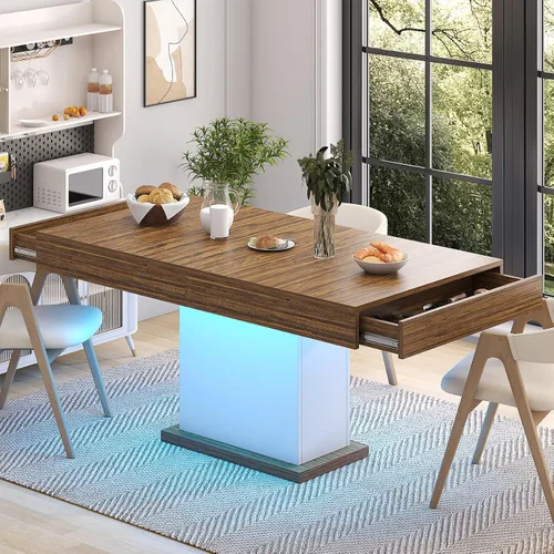 Vista 9 de Mesa de comedor para 4-6 personas, mesa de comedor de 55 pulgadas con cajones y almacenamiento abierto, base de pedestal de madera, mesa rectangular