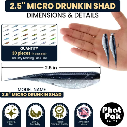 Vista 7 de Phat Pak Baits - Micro Drunkin Shad Tiny Fluke Style LiveScope FFS Soft Jerkbait 2.5" 30ct Soft Plastic BFS Bass Fishing Lure