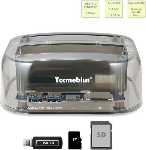 Vista 3 de TCC-S865 USB 3.0 a SATA IDE Dual Slots Externo Transparente Disco Duro Estación de Acoplamiento con Lector de Tarjetas y 2 Puertos USB 3.0 Hub