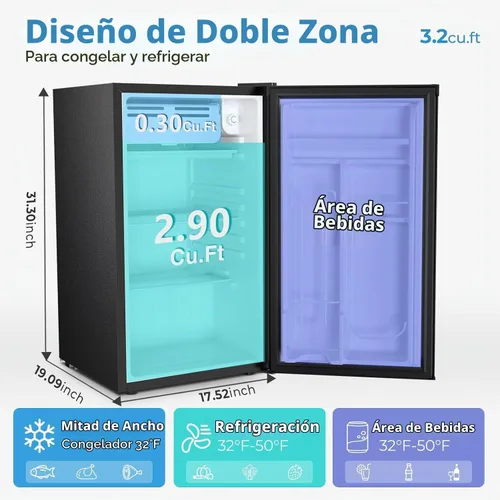 Vista 4 de COWSAR Mini refrigerador de 3.2 pies cúbicos con congelador, refrigerador compacto independiente con puerta reversible y termostato de 7 Negro