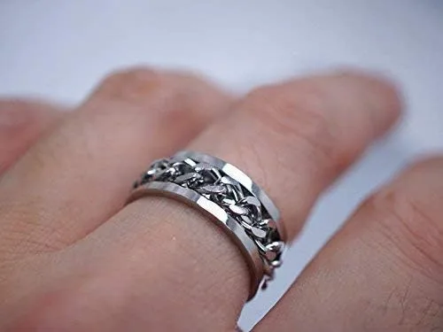Vista 4 de Spinner Ring Men, Silver Braided Band for Wedding,Custom Engraved Stainless Steel, Inlay Chain, Gift for Him
