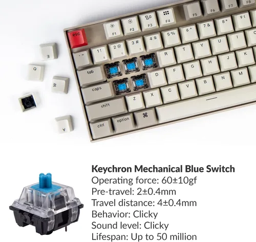 Vista 4 de Keychron K8 87 teclas Tenkeyless Layout inalámbrico Bluetooth teclado mecánico para juegos Mac, multitarea tipo C teclado de computadora con cable
