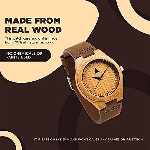 Vista 6 de Treehut Reloj de bambú de madera para hombre con correa de cuero genuino analógico de cuarzo..., Marrón Natural 1, Reloj de cuarzo