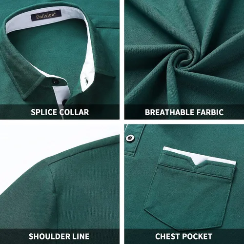 Vista 3 de Enlision Polo para hombre de manga corta de algodón de ajuste regular con bolsillo impreso cuello piqué golf polo
