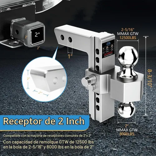 Vista 5 de Tlvuvmo Adjustable Drop Trailer Hitch Fits 2‑Inch Receiver 8 inch Rise/Drop