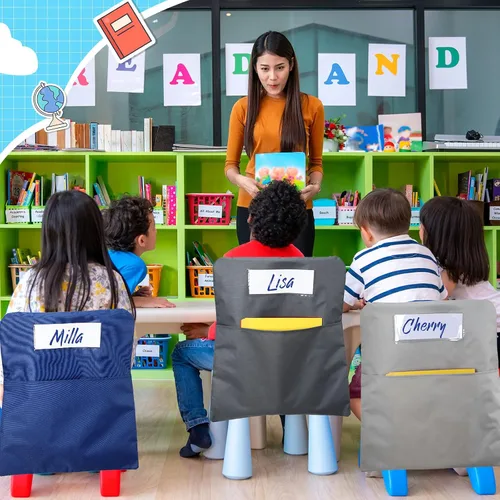 Vista 4 de 24 bolsillos para sillas de 17.3 x 20 pulgadas con ranura para etiqueta para nombre, bolsillo de almacenamiento para asiento, respaldo de aula