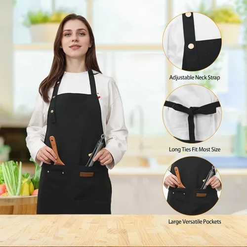 Vista 4 de Paquete de 2 delantales de cocina ajustables para mujeres y hombres con bolsillos, delantal de trabajo, parrilla, restaurante