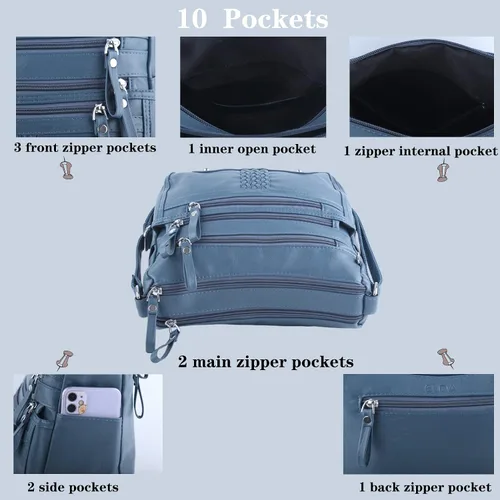 Vista 3 de ELDA Bolso cruzado de 10 bolsillos para mujer, tamaño mediano, de piel sintética suave, bolso de hombro para mujer, asa superior