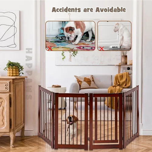 Vista 2 de Puerta alta para perros con puerta, 4 paneles de 30 pulgadas de alto, corral de madera para cachorros, puertas independientes para mascotas, recinto