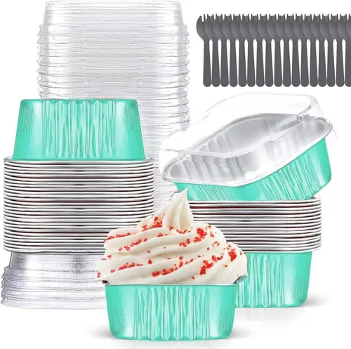 Vista 7 de Findful - Juego de 40 moldes cuadrados de papel de aluminio para cupcakes de 10 oz con tapas, moldes para brownies, moldes desechables grandes
