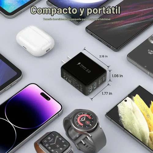 Vista 6 de Cargador de pared USB C, bloque cargador USB C de 4 puertos de 40W, bloque de carga rápida puerto dual PD+QC enchufe de pared multipuerto tipo C