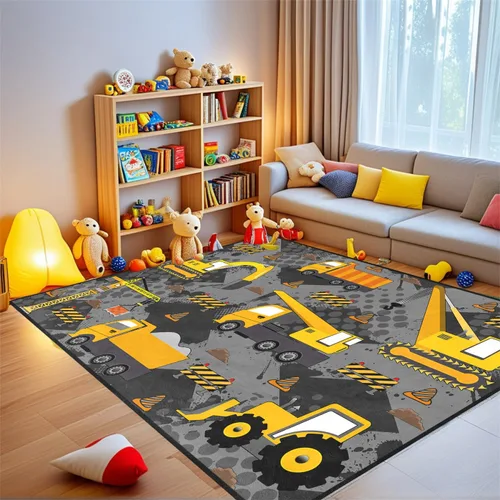 Vista 28 de Alfombra de construcción – Alfombras de construcción para habitación de niños, divertido diseño de camión de dibujos animados, alfombra de coche