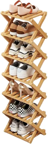 Vista 16 de YYW Zapatero de bambú para entrada, estantes de zapatos de pie libre, estante de armario, organizador vertical plegable de almacenamiento de zapatos