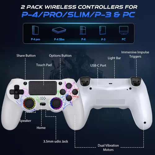 Vista 5 de Fanyooge Controller Wireless for PS4, 2 Pack Spider Pattern RGB Controller for Ps4 with Hall Effect Joystick1000mAh BatteryUSB CDual Vibration6-Axis