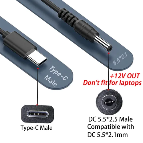 Vista 2 de Cable de alimentación USB C a CC de 0.217 in x 0.083 in, entrada USB tipo C de 5 pies a CC cable de carga de salida de 12 V, funciona con cargador