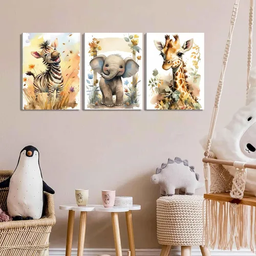 Vista 6 de Juego de 3 Arte de Pared de Animales del Bosque, Lienzo de Decoración de Pared con Imágenes de Animales Salvajes para Guardería, Lindo Póster