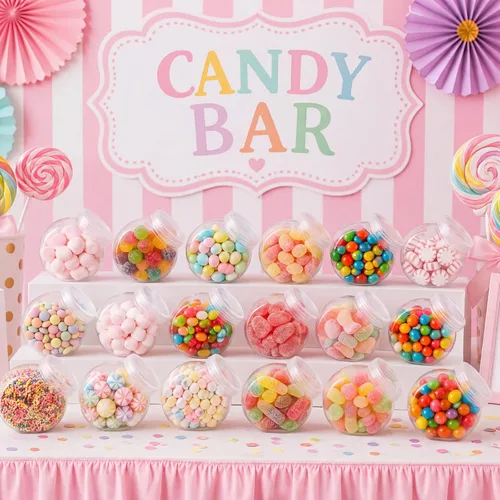 Vista 6 de Sunnyray Juego de 8 tarros de plástico de 25 onzas con tapas, platos transparentes para dulces con tapas, juego de recipientes de buffet, soporte
