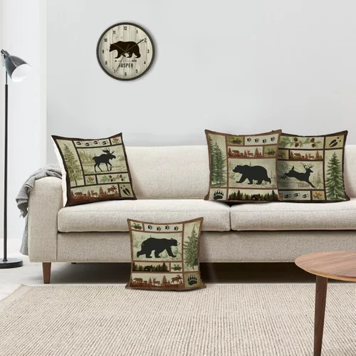 Vista 3 de Bonhause Juego de 4 fundas de almohada rústicas de oso de cabaña de 16 x 16 pulgadas, fundas decorativas de poliéster y lino para exteriores