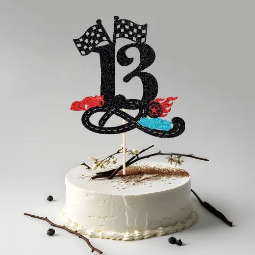 Vista 4 de Decoración para tartas de cumpleaños número 13, decoración para tartas de trece años con purpurina rápida, bandera a cuadros, pista de carreras