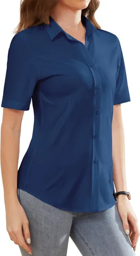 Vista 8 de Camisas de vestir para mujer, sin arrugas, con botones, de manga corta, camisas de trabajo con cuello