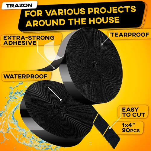 Vista 2 de Rollo de cinta de velcro con adhesivo resistente, resistencia industrial, fácil de cortar, tiras de gancho y bucle fuertes con parte trasera Negro