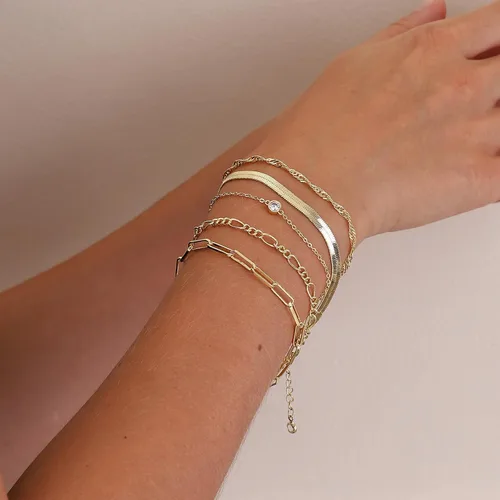 Vista 2 de Pulseras de oro para mujer, juego de pulseras en capas de oro de 14 quilates, delicada cadena de espiga de espiga, pulseras cubanas de oro