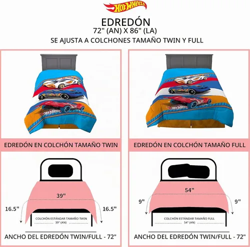 Vista 4 de Franco Ropa de cama para niños, edredón reversible de microfibra súper suave, tamaño individual/matrimonial, Hot Wheels (paquete de 4)