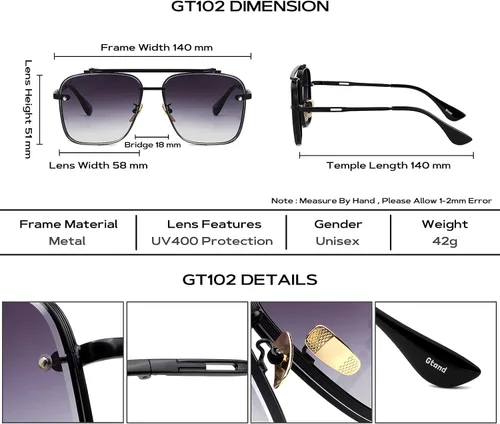 Vista 6 de Gtand Gafas de sol cuadradas de moda de moda para mujeres y hombres, gafas de sol de metal vintage