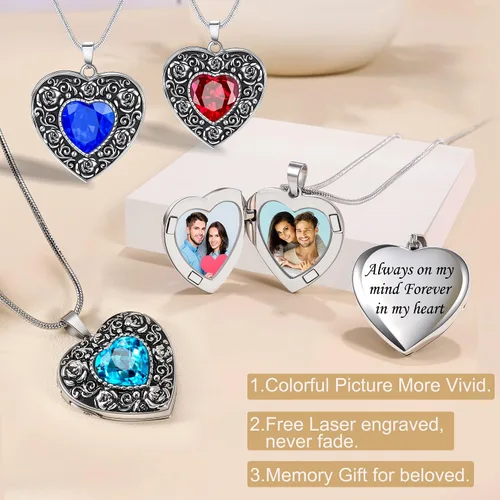 Vista 3 de Fanery sue Heart Locket Necklace That Holds 2 Pictures for Women Girls, Silver Rose Sunflower Custom Photos Necklaces Personalized Lockets Necklace