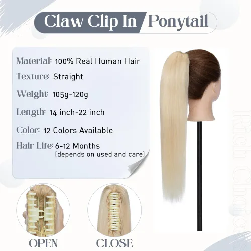 Vista 22 de Rich Choices Extensión de cola de caballo con clip de garra, cabello humano real, una pieza, extensiones de cabello largo Remy para mujer, #18P613
