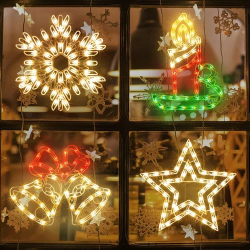 Vista 7 de LAMPHOME Paquete de 4 luces iluminadas con diseño de Feliz Navidad, lazo, Papá Noel, estrella de Belén, decoración de ventana para Navidad, fiesta