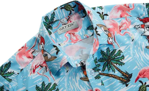 Vista 4 de GRTXIN Camisas de Navidad para hombre, camisa hawaiana de Papá Noel para vacaciones, camisas de vestir de manga corta con botones