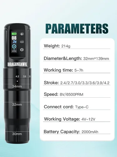 Vista 9 de Dragonhawk Atom2 Pro Kit de máquina de tatuaje inalámbrica con 2