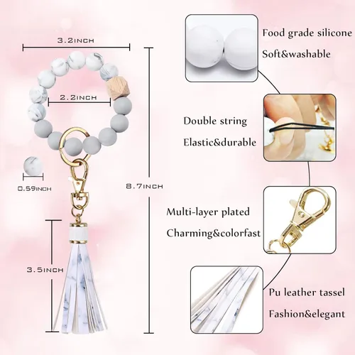Vista 2 de BAOSIWA Pulsera de cuentas de silicona con llavero de pulsera para mujer con borla de cuero