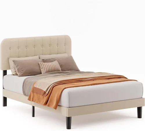 Vista 4 de Gizoon Base de cama Queen con cabecero, cama de plataforma tapizada con listones de madera resistentes, sin ruido, no necesita somier, fácil