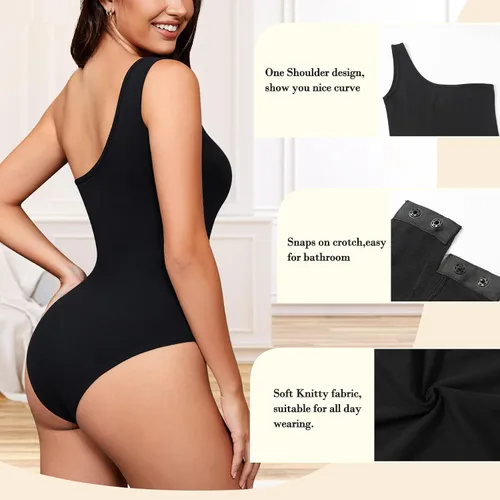 Vista 3 de Irisnaya Body de un hombro descubierto para mujer, sin mangas, liso, ajustado, leotardo de una pieza, ropa de club