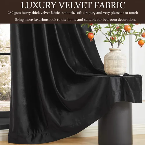Vista 5 de Cortinas opacas de terciopelo de felpa negras de 63 pulgadas de largo para dormitorio, juego de 2 paneles de forro con bolsillo para barra, pestaña