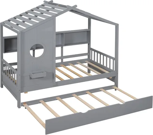 Vista 4 de Cama moderna de tamaño individual con nido, marco de cama de madera resistente con armazón de almacenamiento, techo y ventana para niños, niñas