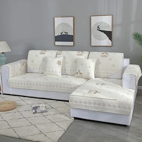 Vista 2 de vctops Fundas de sofá de algodón bordadas reversibles, con patrón de alce de granja, funda de sofá seccional, suave y acogedora, protector de Ciervo