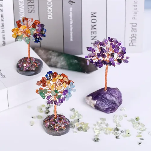 Vista 4 de Árbol de la vida de cristal de amatista, decoraciones de árbol del dinero, cristales y piedras curativas, piedras preciosas de energía positiva