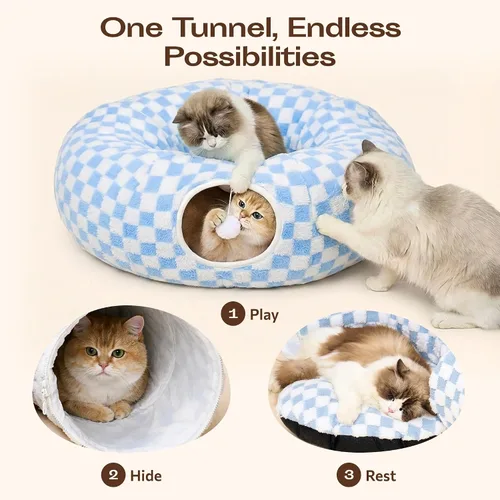 Vista 3 de Meowfia Túnel interior para gatos con cama de rosquilla, gran espacio de juego flexible para múltiples mascotas, forma de círculo o serpiente, salón