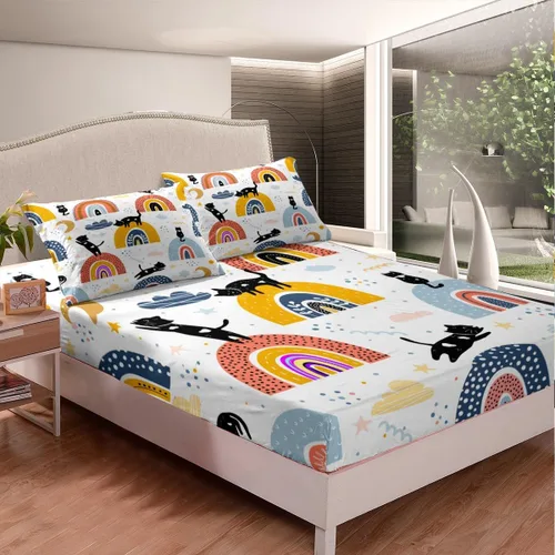 Vista 3 de Erosebridal Sábana bajera ajustable de tamaño individual para niños y niñas, diseño colorido de nube, estrellas, luna, lindo juego de ropa de cama