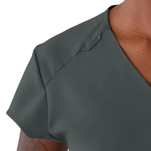 Vista 3 de ave. Camiseta médica Monroe con cuello en V y dos bolsillos para mujer, color carbón, talla XS