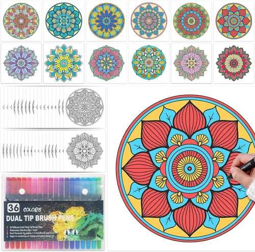 Vista 10 de Hiwhy 48 Pcs Mandala Coloring Cards 10" x 10" Coloring Cardstock Stress Relief Relaxation Mandala Pattern Poster Sets with 36 Markers Creative