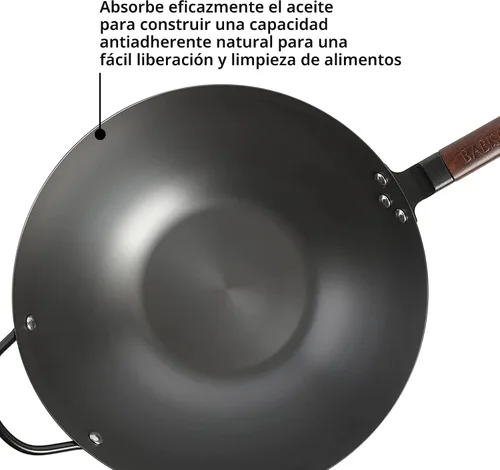 Vista 4 de Babish Wok de acero al carbono con fondo plano y sartén para saltear, 14 pulgadas