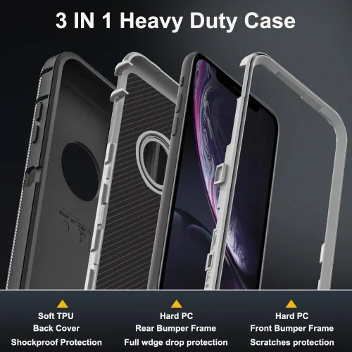Vista 4 de Funda para iPhone XR con 2 protectores de pantalla de vidrio templado, grado militar 3 en 1, resistente a prueba de golpes, a prueba de caídas